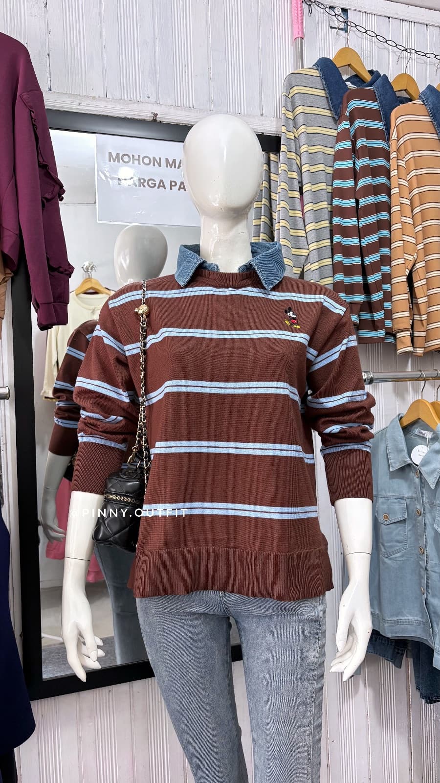 Rajut Salur Kerah Jeans Mickey — Coklat