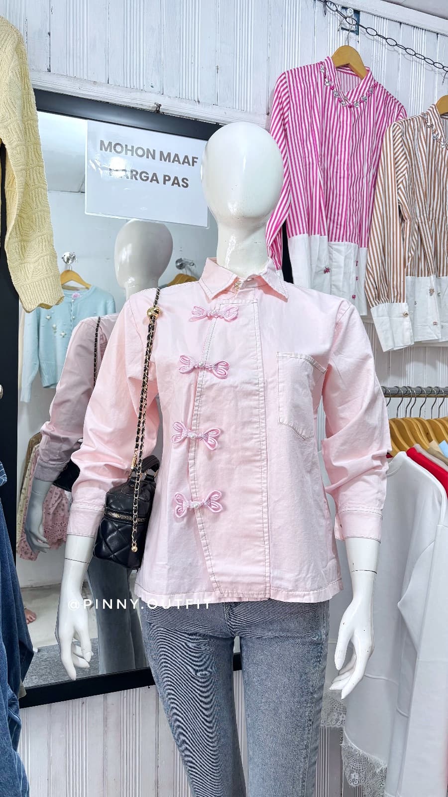 Kemeja Polos Kancing Cheongsam — Pink
